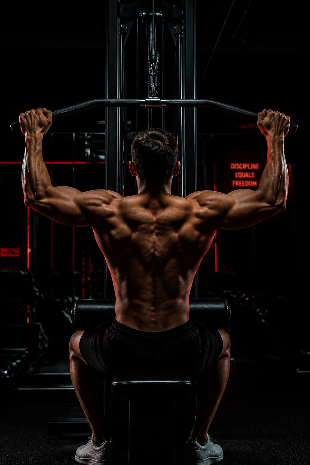 Athlete training on a lat pulldown machine in a dark gym with red accent lighting